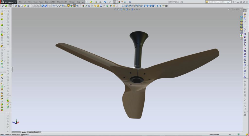 A 3D SOLIDWORKS CAD model of a Haiku fan. A Haiku fan embeds the fan light and uses airfoils instead of planks to move air around the room. The result is a sleeker, more optimized design. A sleek design optimized to perform its task efficiently should be enough reason to buy the product. IoT is just a cherry on top. Engineers need to understand that this is often the case. Start with a good product and add IoT. IoT doesn’t make a product good; it just adds to it. (Image courtesy of Haiku Home.)