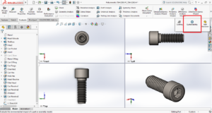 A basic 1-inch screw part downloaded from the SOLIDWORKS library with no assigned materials.